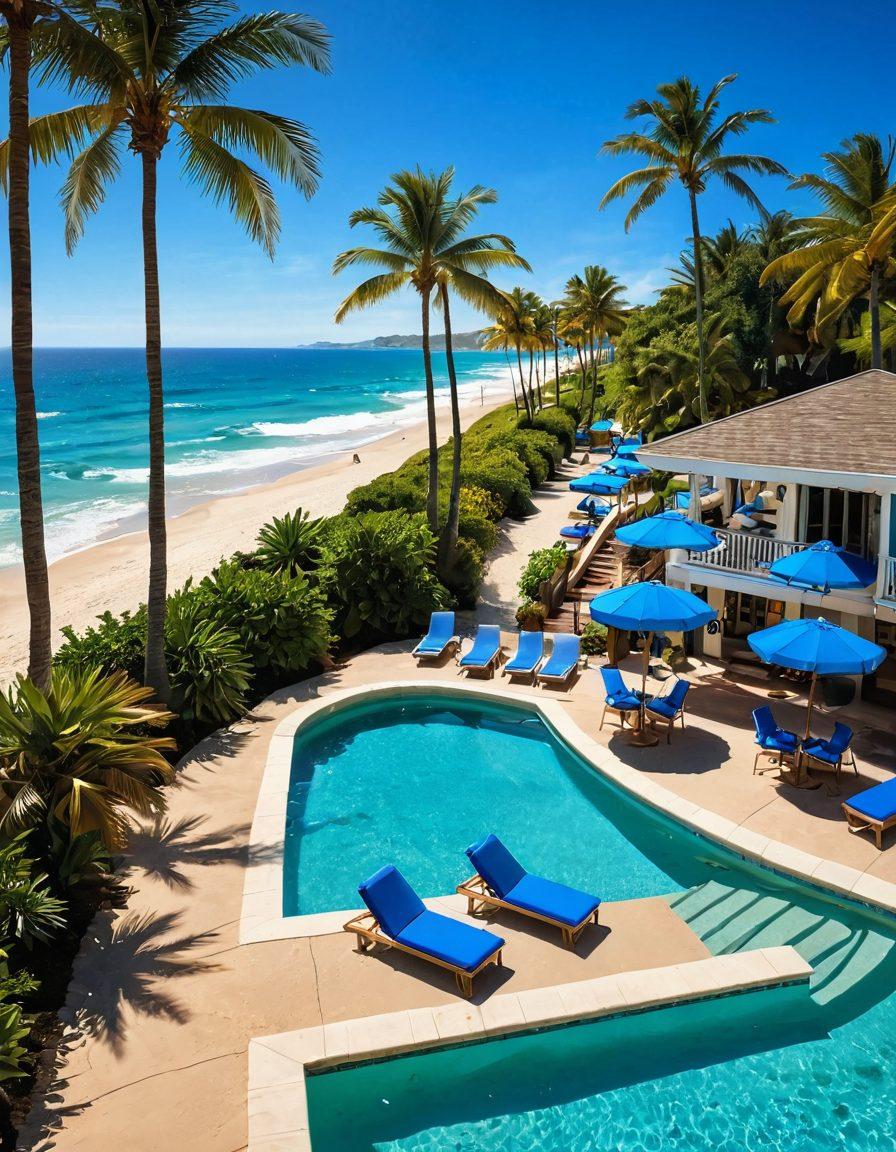 A captivating collage of the most luxurious beach resorts in the US, featuring serene ocean views, swaying palm trees, and stylish beach cabanas. Include cheerful vacationers lounging in bikinis, enjoying tropical cocktails, and playing beach games. The scene should be bathed in warm golden sunlight with vibrant blue water, encapsulating the ultimate summer getaway. vector art. vibrant colors. bright blue sky.