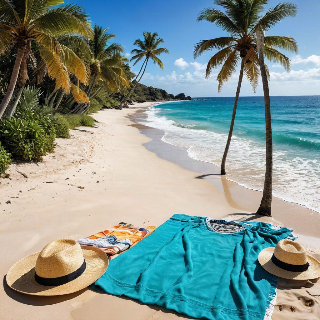 A breathtaking coastal scene showcasing a sun-drenched beach with azure waters, rolling waves, and palm trees swaying gently in the breeze. Include travel essentials like a stylish beach bag, a wide-brimmed hat, and a colorful beach towel spread on the sand. In the distance, capture a picturesque coastal town with charming cottages and vibrant sunsets. Emphasize a relaxed and adventurous vibe that beckons travelers to explore. vibrant colors. super-realistic. tropical palette.