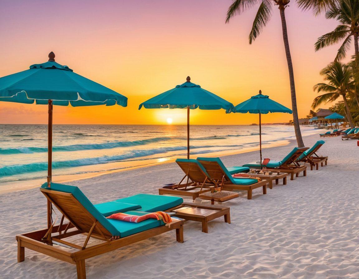 A stunning view of a luxurious beachfront resort, featuring a pristine white sand beach with turquoise waters lapping at the shore. Lounge chairs with colorful umbrellas dot the sand, and palm trees sway gently in the breeze. Include a majestic sunset casting warm golden hues over the scene, inviting relaxation. Incorporate elegant details like a poolside cabana and gourmet dining options in the background. super-realistic. vibrant colors. sunset glow.